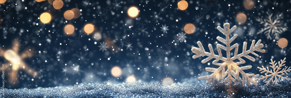 Fototapeta premium festive winter background with glittering snowflakes on sparkling snow. christmas and new year celebration. banner, website header, greeting card with copyspace.