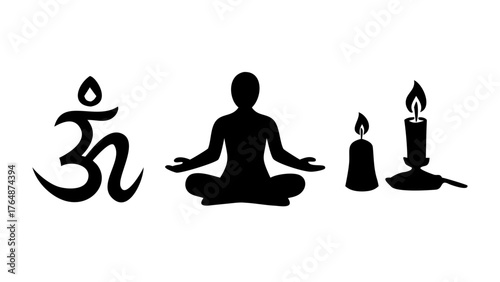 Silhouette of om symbol meditating figure and candles representing spirituality and relaxation practice