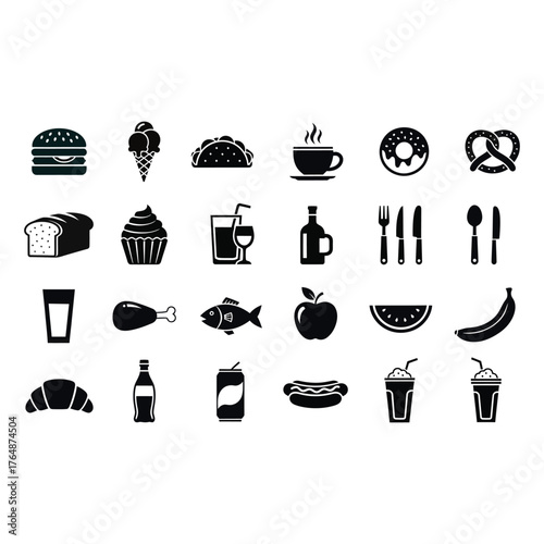 Vector art of collection of food and drink icons showcasing various culinary and beverage options in simple black glyphs