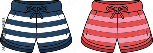 Striped casual summer shorts, navy and red color palette, curved hem, drawstring waist, trendy beachwear fashion, cad drawing flat vector 