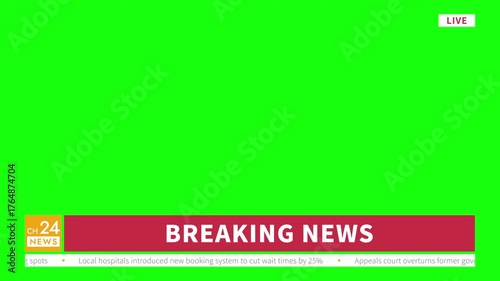 Breaking news lower third graphic, 4K loopable, ProRes 422 green background for chroma key, fictional news channel, neutral content ticker with Live icon, simplicity and minimalism design