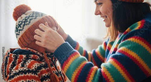 A smiling mother helps her child put on a knit winter hat. A caring parent dressing her kid in warm clothes for the cold season
