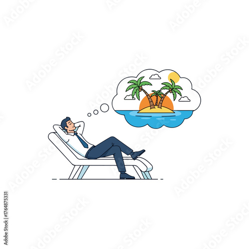 Man dreaming of tropical island vacation while relaxing on lounge chair.