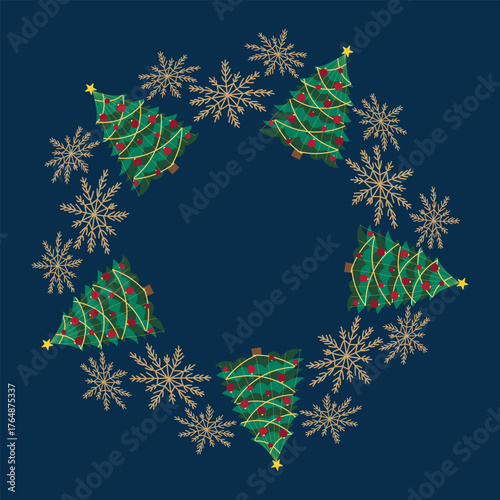 A round winter Christmas frame with decorated trees and golden snowflakes on a blue background. Happy New Year, Merry Christmas. A round frame with winter holiday elements.