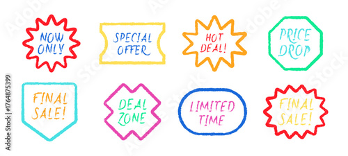 Star Burst Shape Sale Badges Set Crayon Vector Promo Sun Price Offer Stickers. Colorful Hand Drawn Labels Discount Brush Texture Squiggle Callout Labels. Pencil Wavy Price Tag Charcoal Vintage Emblems