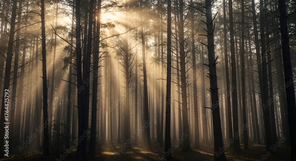 Fototapeta premium Sunbeams shining through a misty forest at sunrise. Golden light rays filtering through tall pine trees in the woods. Nature and wilderness landscape
