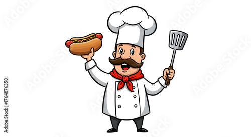 Cartoon chef holding hotdog and spatula with smile in chef hat and red scarf