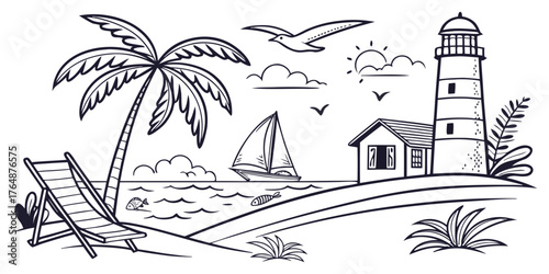 Vector art illustration of tropical beach island landscape with palm trees and ocean for summer travel and vacation