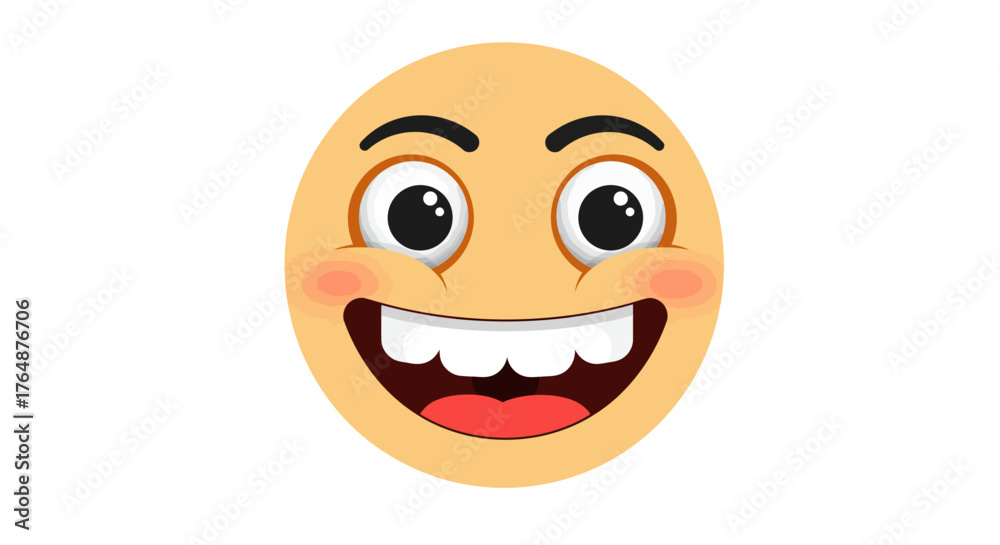 Fototapeta premium Cheerful cartoon emoji face with big eyes and smile on white background