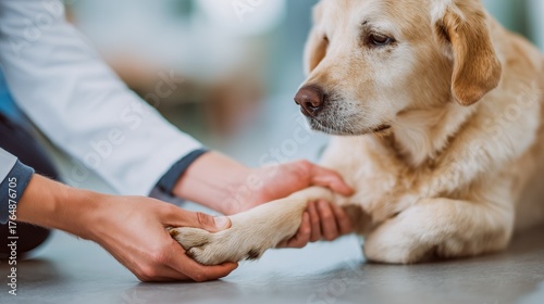 Medical health and lifestyle concept. Focused shot of veterinarian's hands holding dog's ankle, showing ankle pain or fracture. 