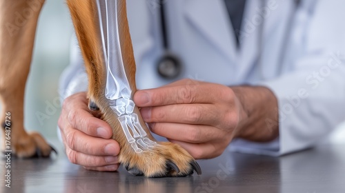 Medical health and lifestyle concept. Focused shot of veterinarian's hands holding dog's ankle, showing ankle pain or fracture. See-through or x-ray image showing internal