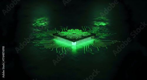 Glowing technology rendering displays a central processing unit in dark setting, a glowing technology rendering, illuminated in green light, shows tech innovation,