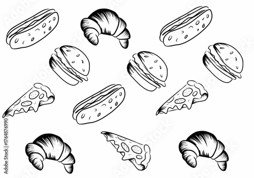 Set of cute food doodle elements vector. Hand drawn doodle collection of pizza, donut, sandwich, bread. Design for print, cartoon, wallpaper, restaurant, cafe, sticker.