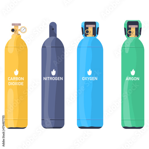Vibrant gas cylinders for industrial applications including carbon dioxide, nitrogen, oxygen, and argon, perfect for science and manufacturing visuals