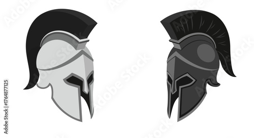 Ancient warrior helmets in classic silhouette style on white background