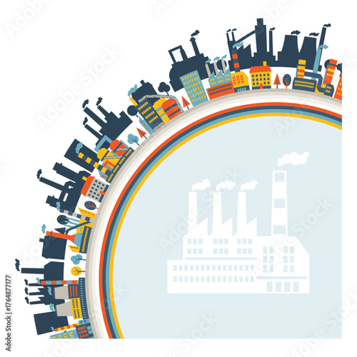 Global industry pollution concept with factories and smoke stacks, colorful and modern design symbolizing environmental issues and industrial impact, from vector art