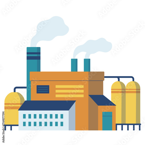 Modern factory illustration symbolizing industrial production and manufacturing, perfect for representing business, energy, and environmental themes