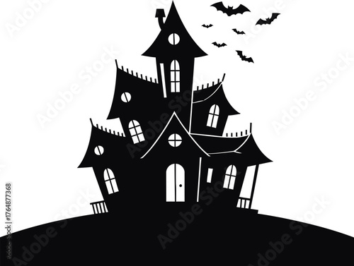 Black silhouette of a haunted house with bats flying above on a hill spooky Halloween