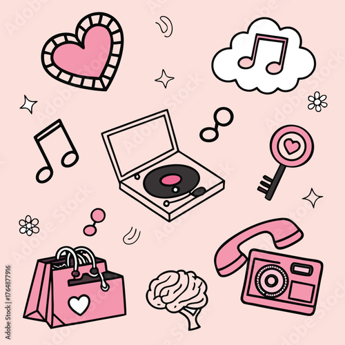 The icons, primarily outlined in black with accents of pink and black fill, include a vintage record player, a rotary phone handset, a camera, a shopping bag with a heart, a heart-shaped key, a brain.