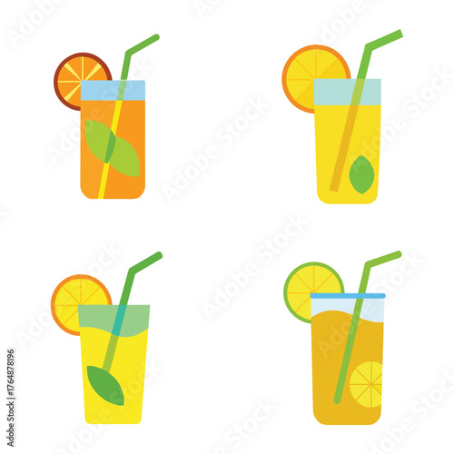 Vector icon set of refreshing lemonade drink with lemon and orange slices, Flat style vector illustration isolated on white background.