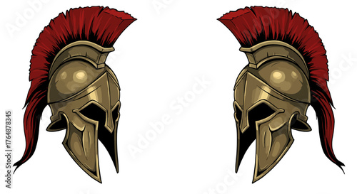 Pair of antique spartan helmets with red plumes facing each other