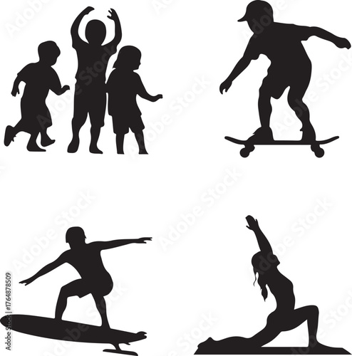Silhouettes of children playing and doing sports skateboard surfing and yoga active lifestyle illustration for fitness health and wellness