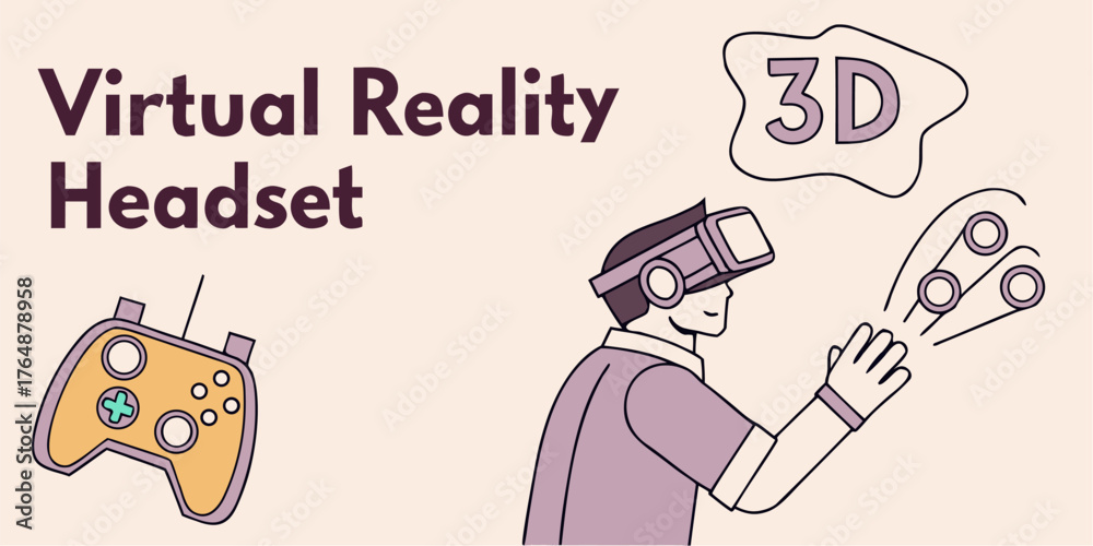 Fototapeta premium Immersive virtual reality experience with headset and controller, engaging in 3D worlds.