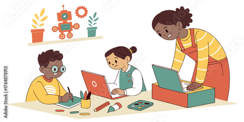 Children enthusiastically learning coding and robotics in a fun, modern classroom setting