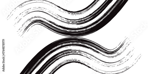 A curved black ink vector line pack. Long, rounded hand-drawn brush strokes, highlighted text, frames, and circles. Modern Asian calligraphy. Eps 10.