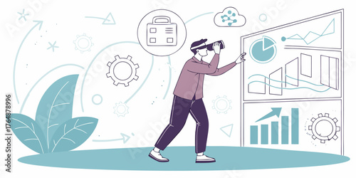 Visionary strategist explores data insights and future growth opportunities with VR headset