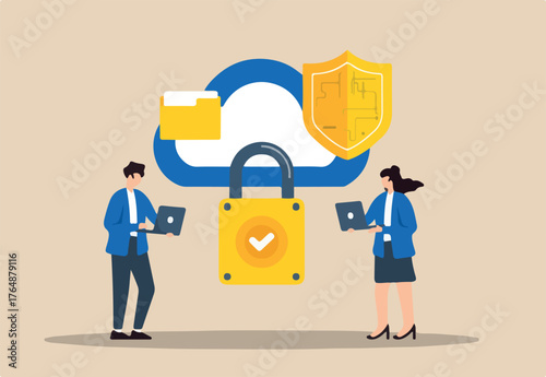 Flat illustration of two people configuring secure cloud storage to ensure data integrity and prevent unauthorized access to online files