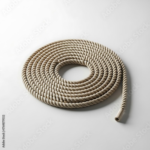 Coiled natural fiber rope on a white background