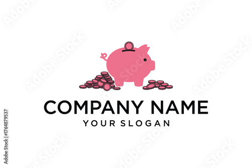 Pink Piggy Bank and Stacked Coins Vector Logo for Financial Saving and Investment Concept