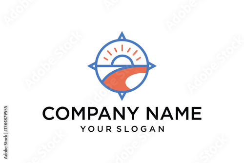 Modern Compass Travel Logo Design with Sun and Winding Road