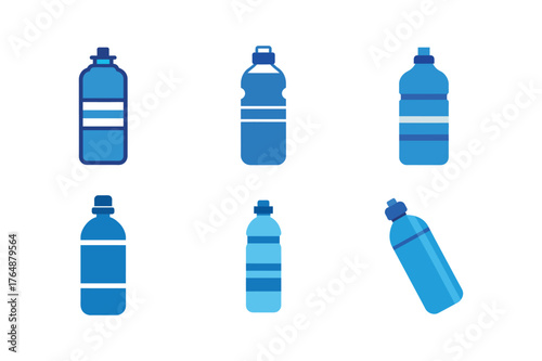 Set of water bottle, plastic bottle and drinking water icons, Flat design style vector icons on white background.