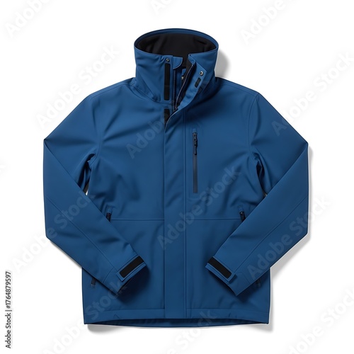 Blue waterproof outdoor jacket with high collar