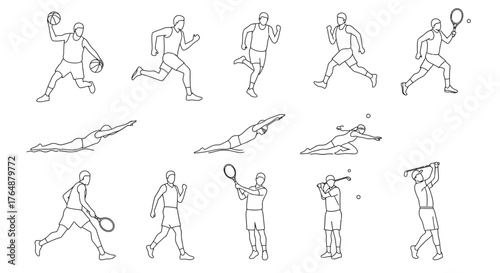 Dynamic sports outline: basketball, swimming, tennis, golf athletes in motion