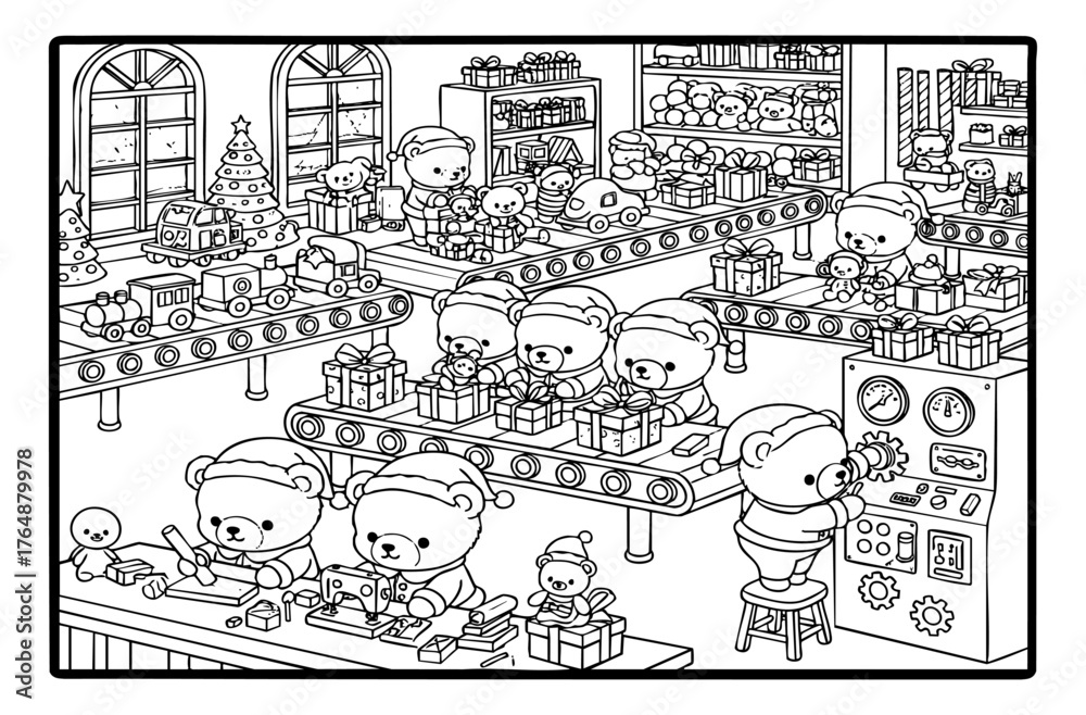 Fototapeta premium Santa's Little Helper Bears Toy Factory Vector Coloring Pages