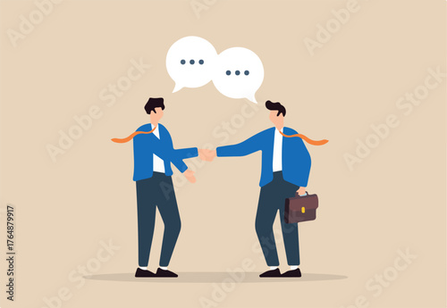 Flat illustration of businessmen shake hand with connecting speech bubble symbolizing communication and agreement	
