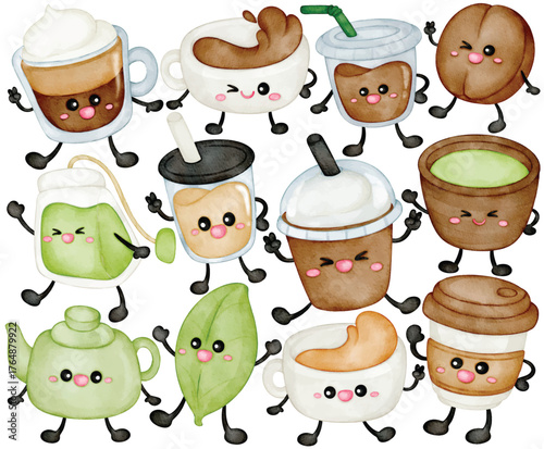 Watercolor Kawaii Coffee and Tea Clipart Set Cute Character Drinks Latte Boba Matcha Teapot Beverage Illustration Isolated on White Background Graphic Elements