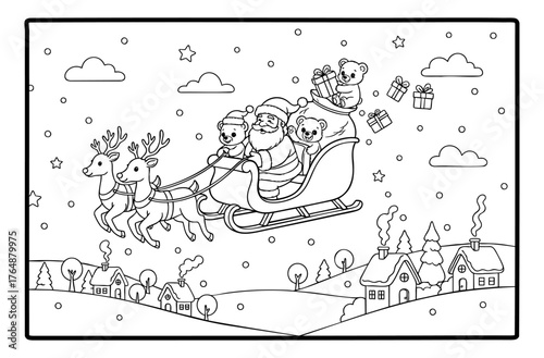 Santa Claus flying in a sleigh with the teddy bears delivering gifts illustration coloring book