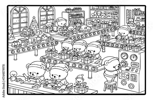 Santa's Little Helper Bears Toy Factory Vector Coloring Pages