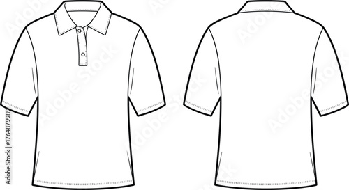 Technical flat sketch vector illustration of men’s short sleeve polo shirt with collar, button placket, front and back detailed sewing design.