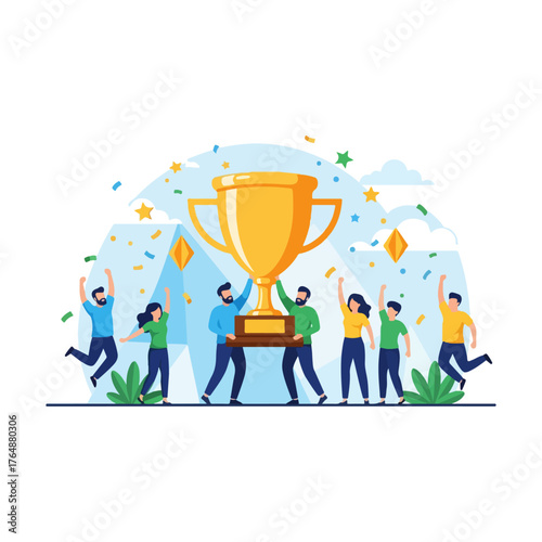 Team Celebrating Victory with Giant Trophy and Confetti.