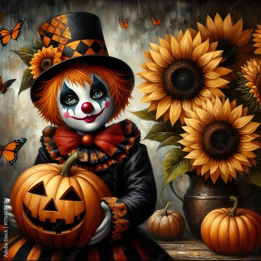 Fototapeta premium Halloween clown with pumpkin
