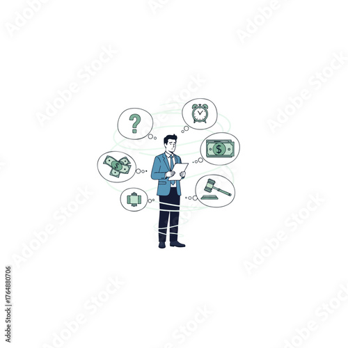 Businessman Surrounded by Financial and Legal Obligations Illustration.