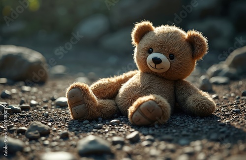 Brown teddy bear lies alone on rocky ground. Old plush toy abandoned in nature. Soft toy on stones. Cute bear with faded fur and dirty paws. Retro childhood memory.