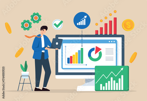 Profitability analysis, evaluating business, identifying cost-saving opportunities, profit margins optimization concept vector illustration. Analyst analyzing financial charts and graphs