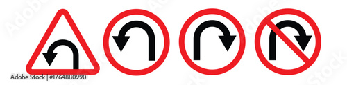 U-Turn Road Signs Set Warning, Mandatory, and Prohibited U-Turn Icons