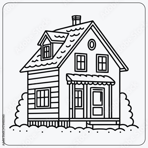 House coloring page. Outline of a two-story home with a porch, dormer, and chimney. Simple vector illustration for kids to color.